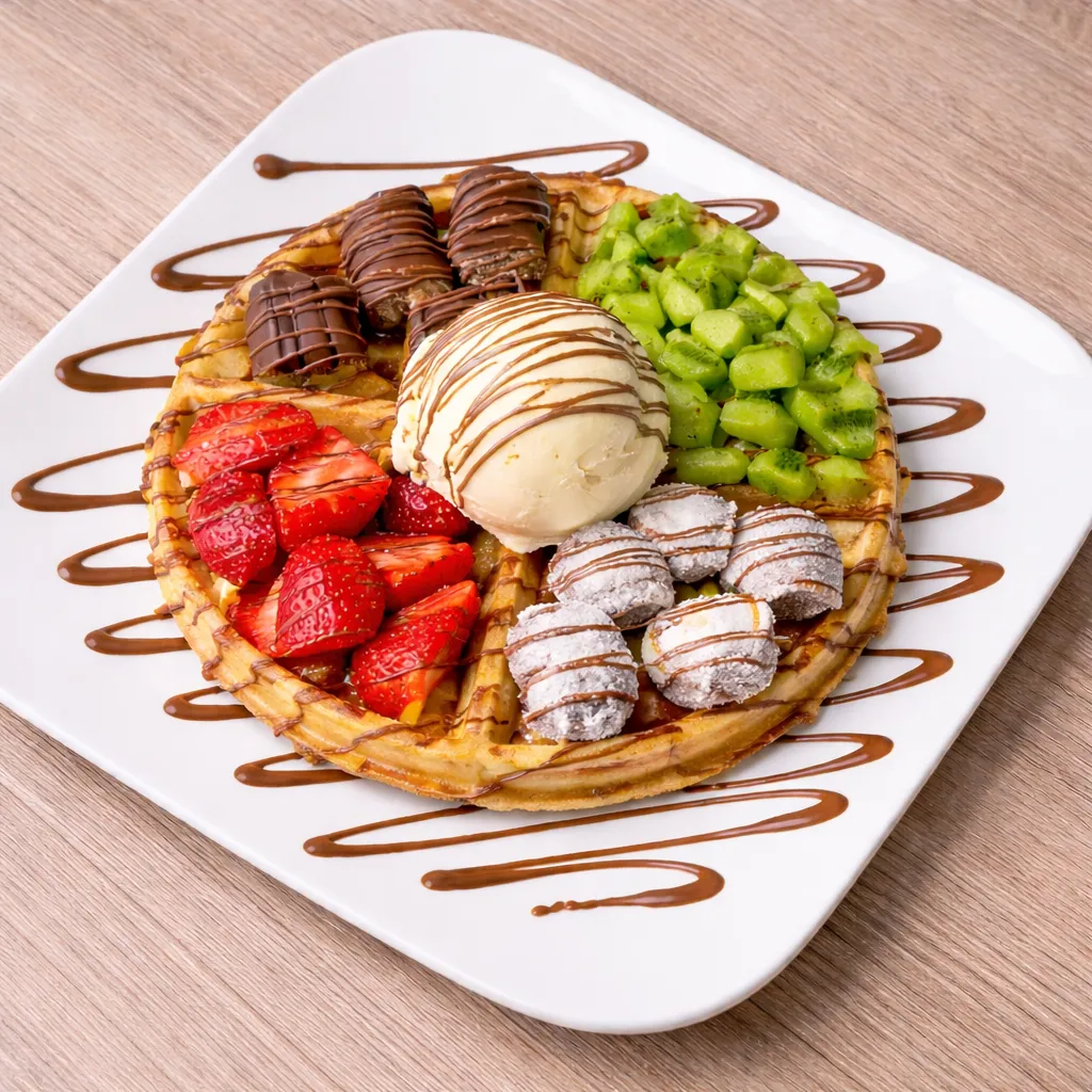 Waffel mit Erdbeeren, Kiwi, Schokolade und Eis bei Schöne & das Biest Berlin