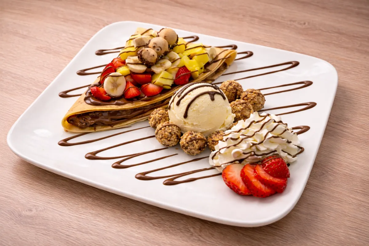 Crêpe mit frischem Obst, Eis und Schokoladensauce bei Schöne & das Biest