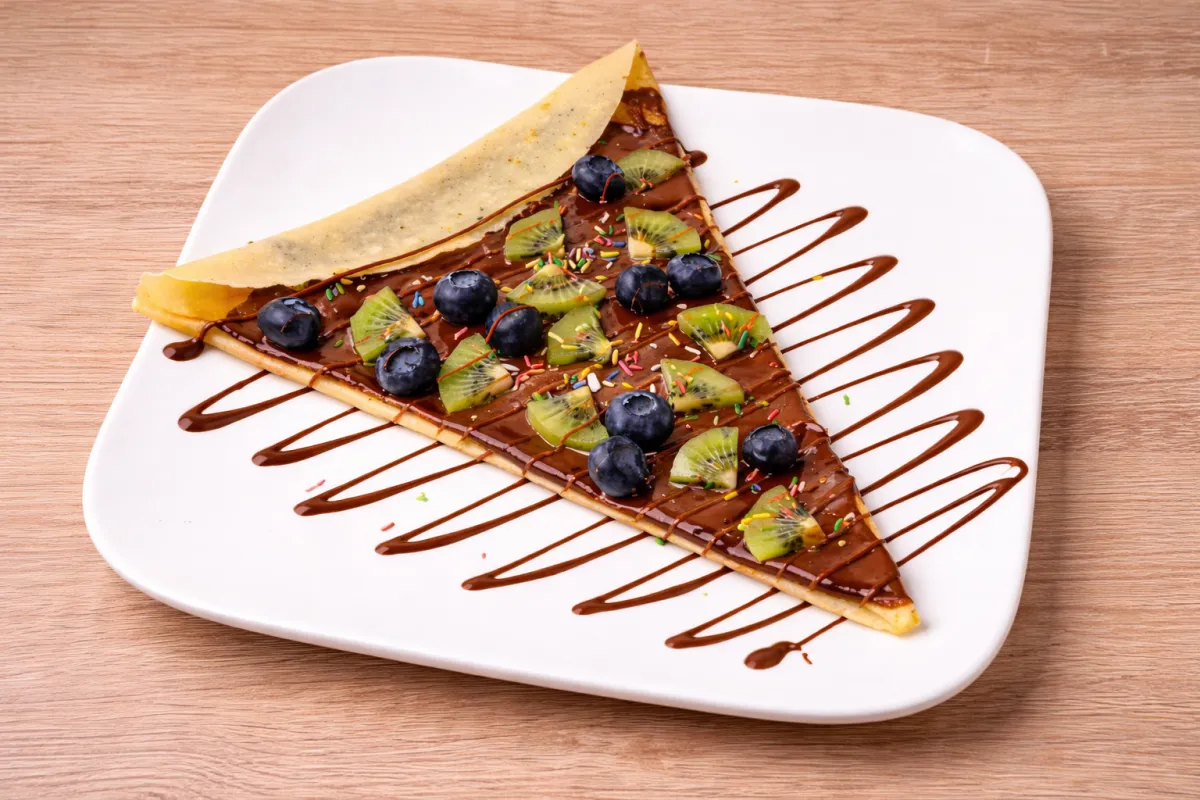 Crêpe mit Kiwi, Heidelbeeren und Schokoladensauce bei Schöne & das Biest