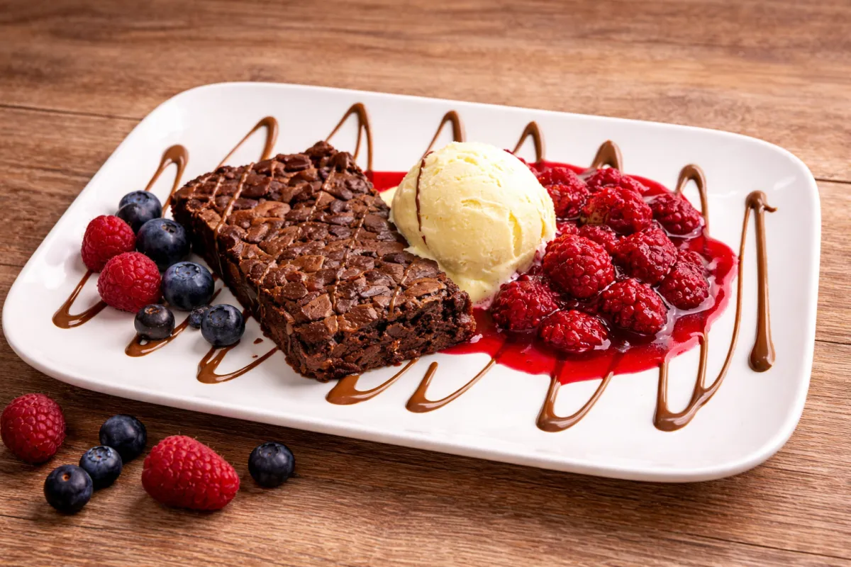 Schokoladen-Brownie mit Vanilleeis, Himbeeren und Heidelbeeren