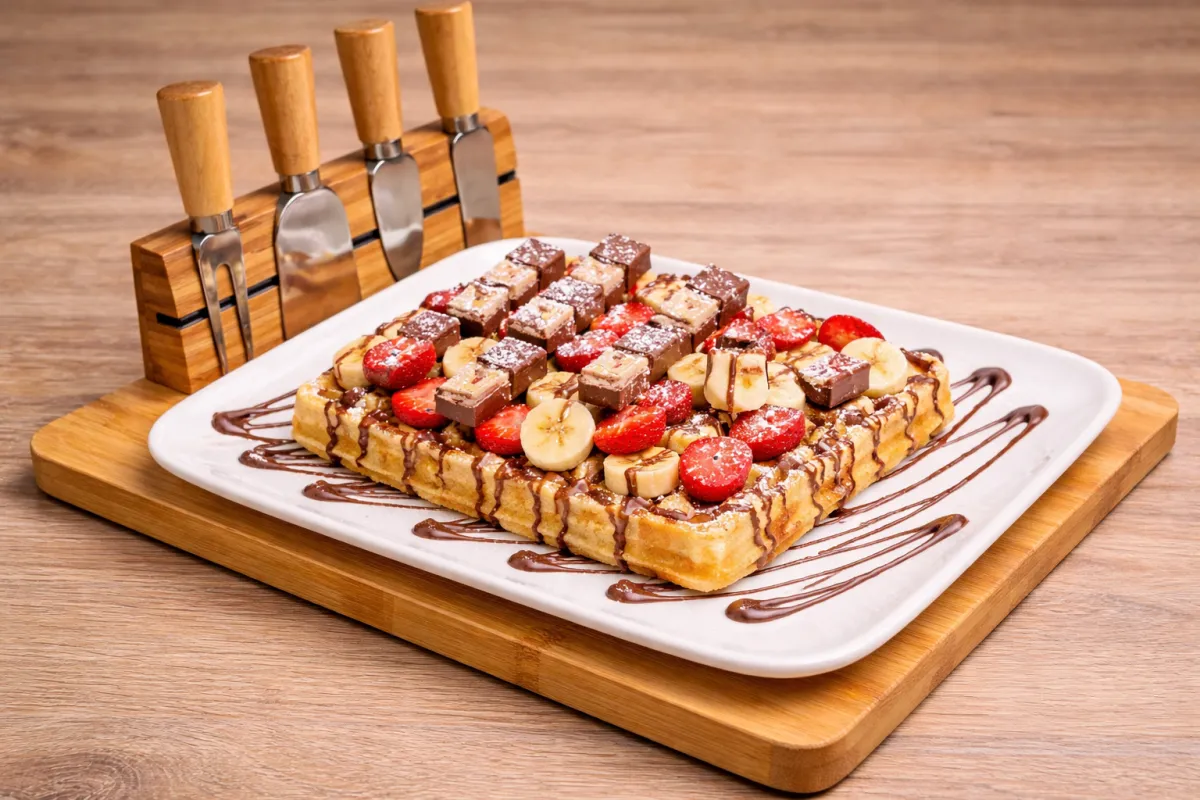 Belgische Waffel mit Erdbeeren, Banane, Schokolade und Kinder Riegeln